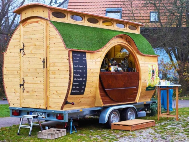 Schankwagen mit Verkaufstheke, Kaffeewagen rund, Marktwagen Hobbit